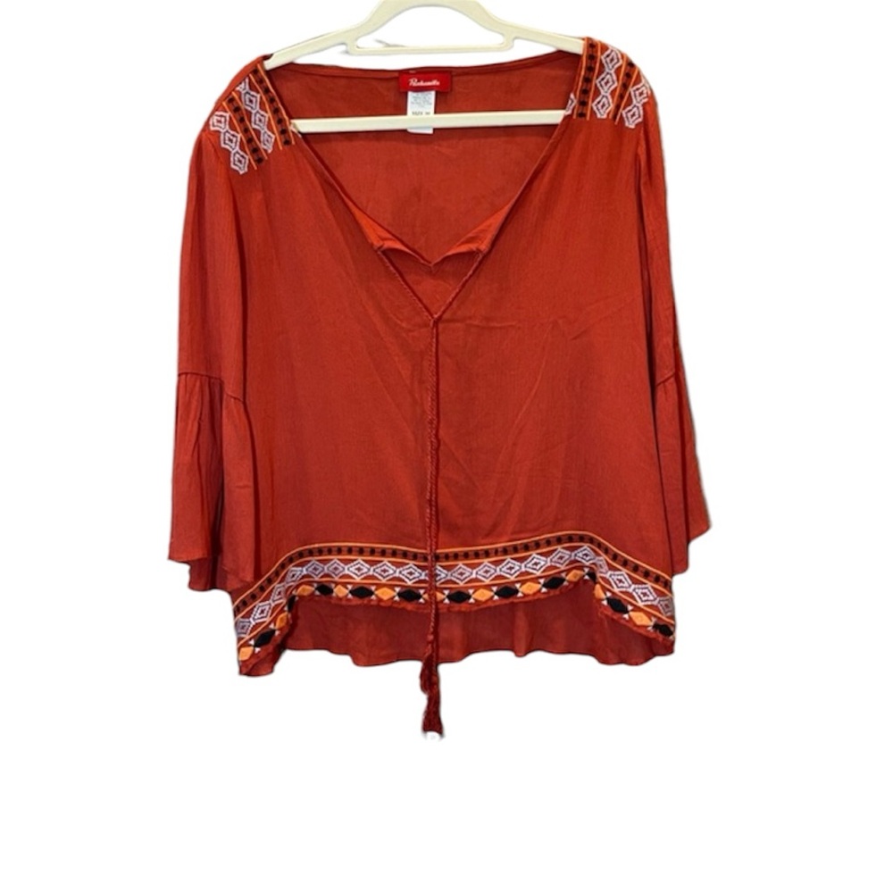Panhandle Aztec Embroidered Cropped Blouse | Boho Peasant Top | Size M